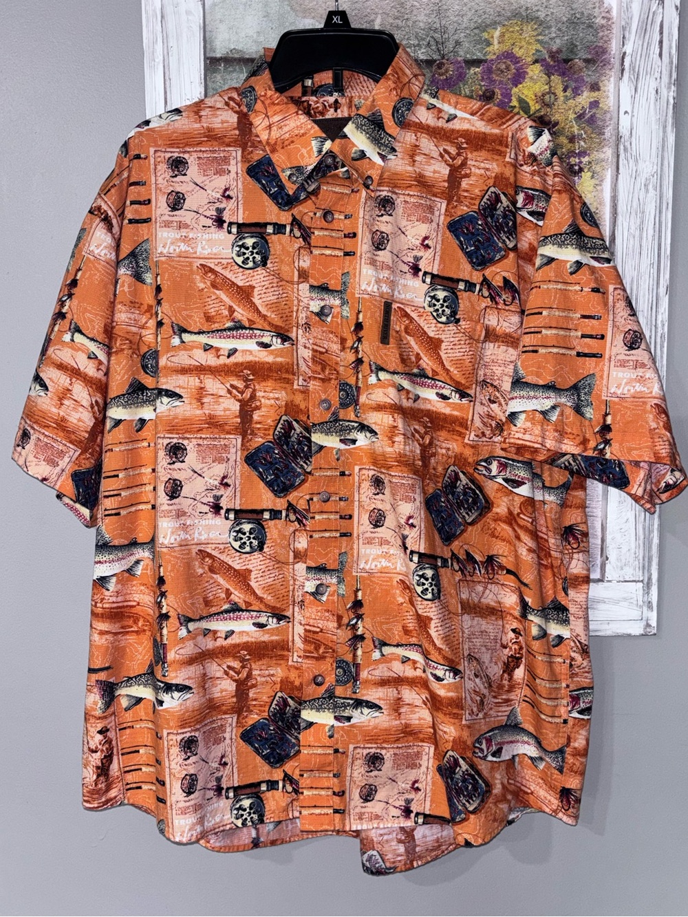 North River Outfitters Mens XL Fly Fishing Print Button Down Shirt Orange Great